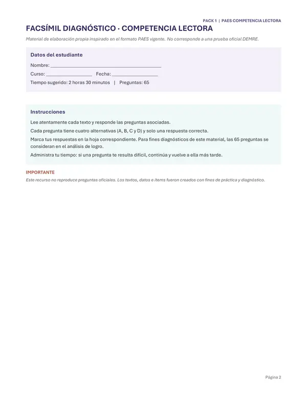 📚 PACK 1 | FACsÍMIL DIAGNÓSTICO PAES – COMPETENCIA LECTORA