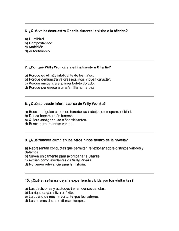 Prueba del libro "Charlie y la fábrica de chocolate" 5° básico