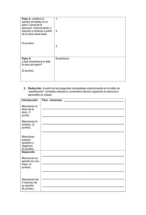 Evaluación 5to - 6to básico - Escritura/Elaboración comentario literario