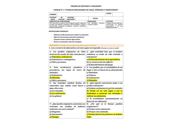 PRUEBA DE HISTORIA Y GEOGRAFÍA UNIDAD N° 2 “PUEBLOS ORIGINARIOS DE CHILE, NÓMADAS Y SEDENTARIOS”