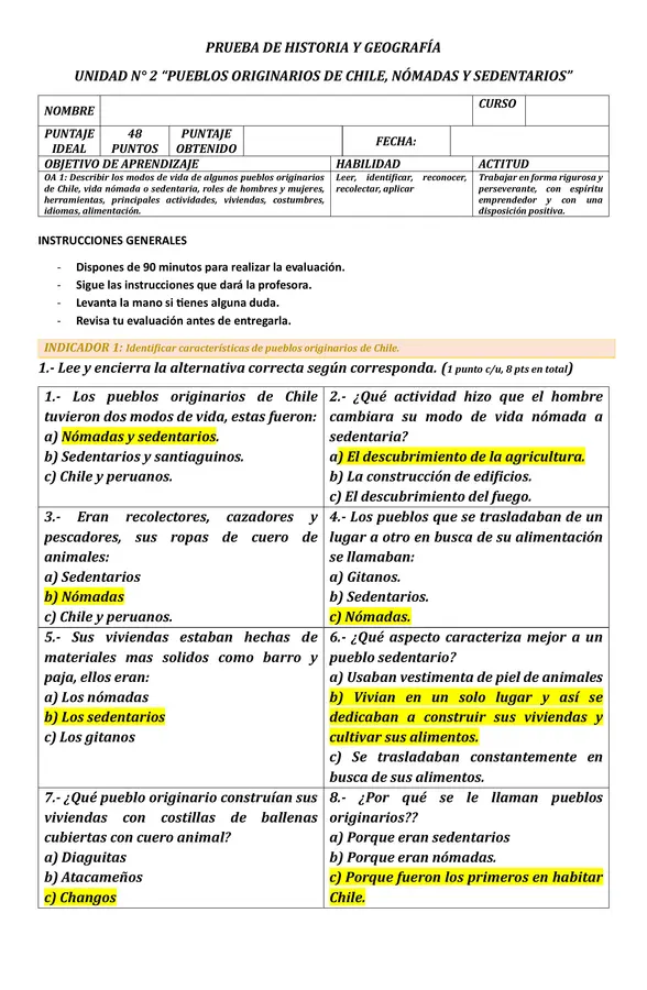 PRUEBA DE HISTORIA Y GEOGRAFÍA UNIDAD N° 2 “PUEBLOS ORIGINARIOS DE CHILE, NÓMADAS Y SEDENTARIOS”