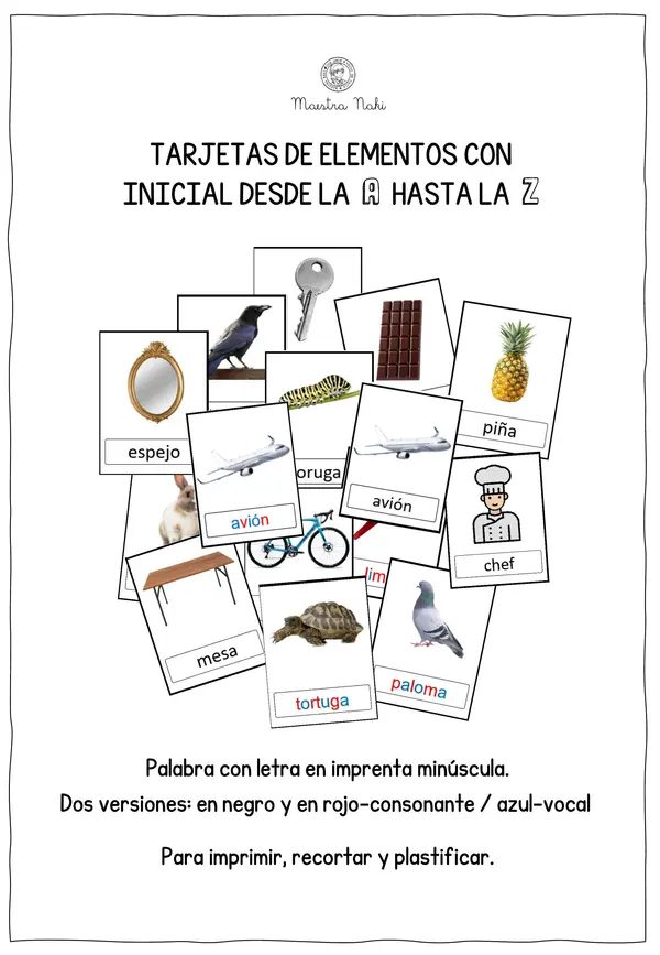 Tarjetas de elementos con inicial A-Z. Imprenta-minúscula.