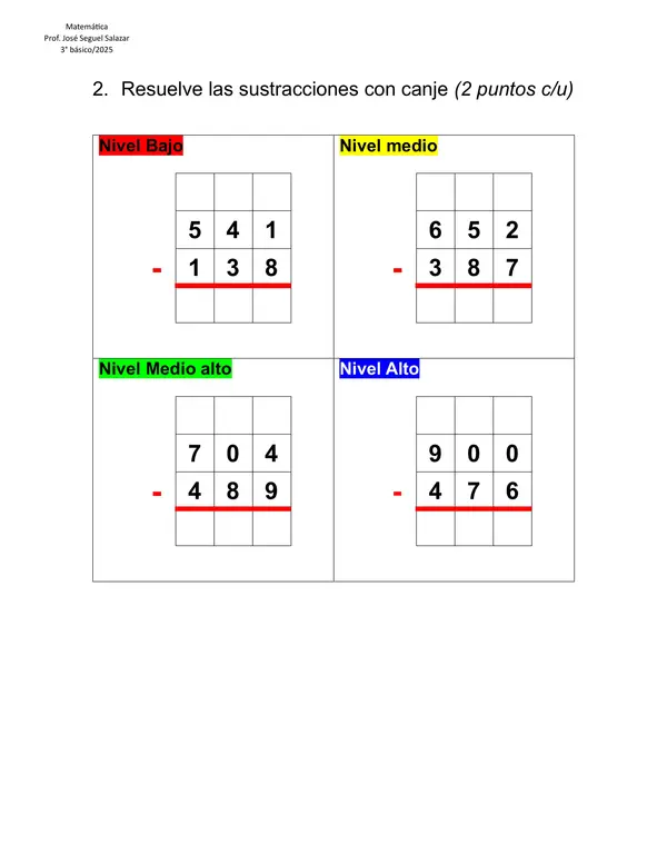 📚 Mini prueba de Matemáticas - Sumas y Restas con Reserva y/o Canje 🧮