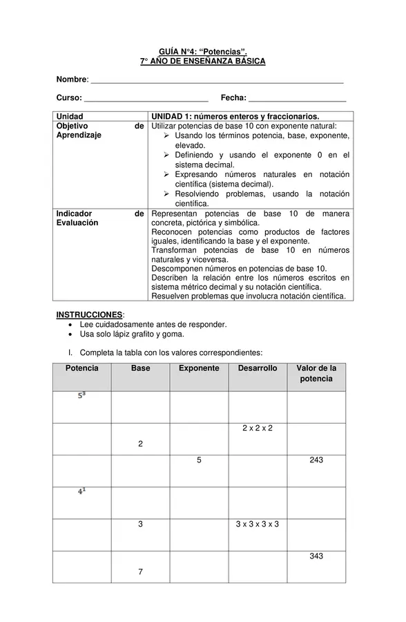 Guía Matemática 7° Básico "Potencias y Notación Científica"