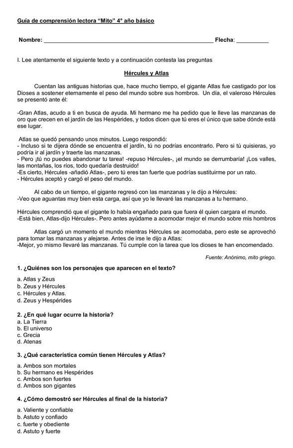 Guía de comprensión lectora mito 4° año básico