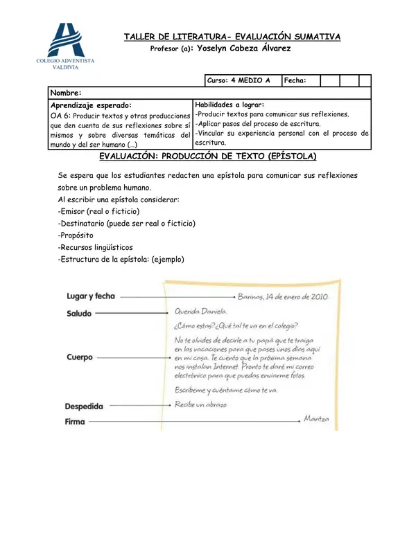 pauta de escritura de epistola taller de literatura 