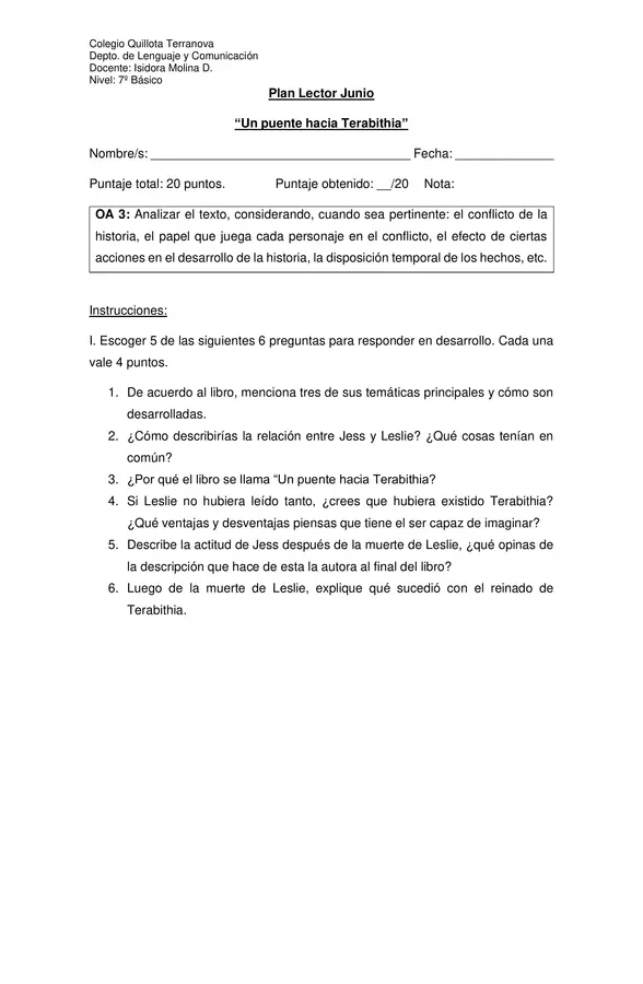 Evaluación Plan Lector "Un puente hacia Terabithia" = Desarrollo