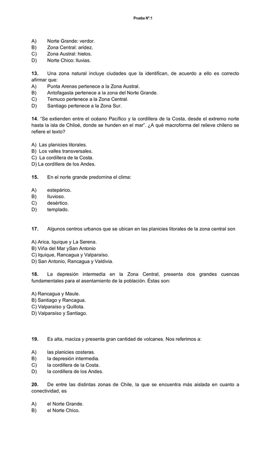  Evaluación Zonas naturales de chile, Ciencias Naturales