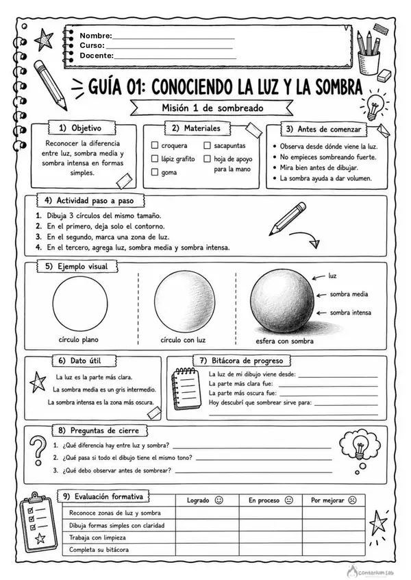 Set de 10 Guías sobre "Sombreado" - Artes Visuales 6° Básico a IV° Medio.