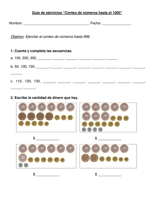 Guía de matemática Conteo de números hasta 1000, segundo año básico