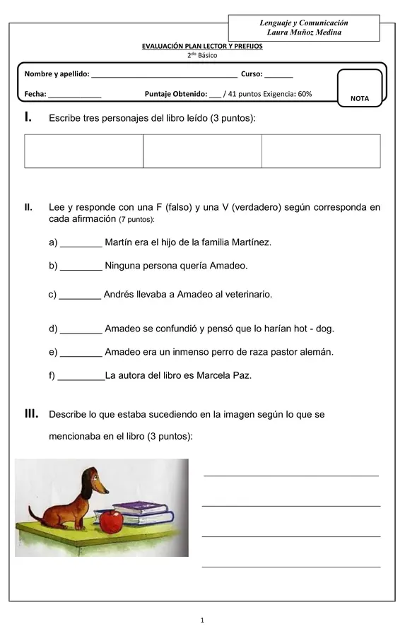 Evaluación plan lector, el perro confundido y prefijos