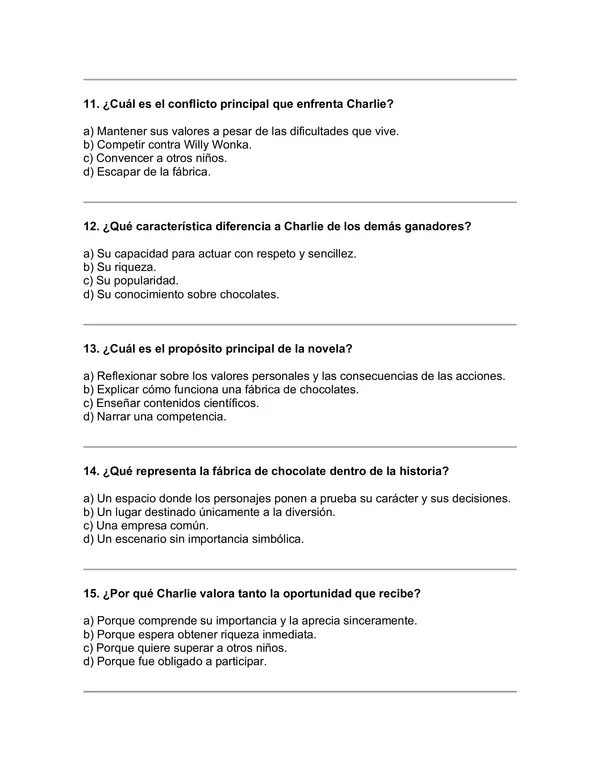 Prueba del libro "Charlie y la fábrica de chocolate" 5° básico