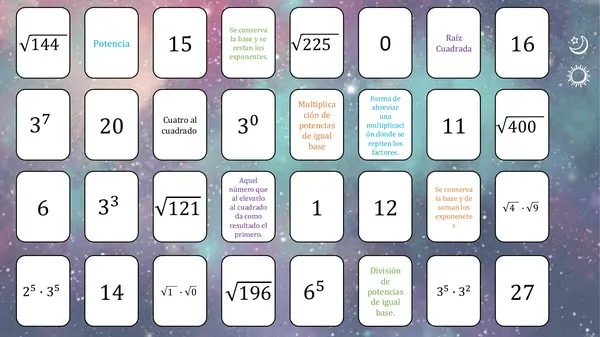 Juego memorice potencias y raíces  