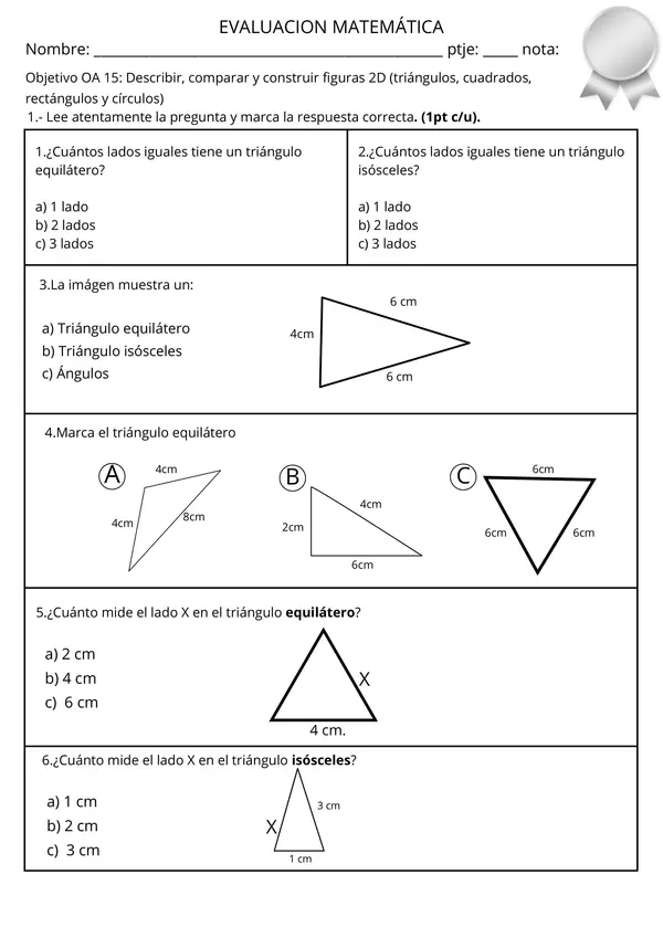 Prueba triángulos isósceles, equiláteros y ángulos | Matemática
