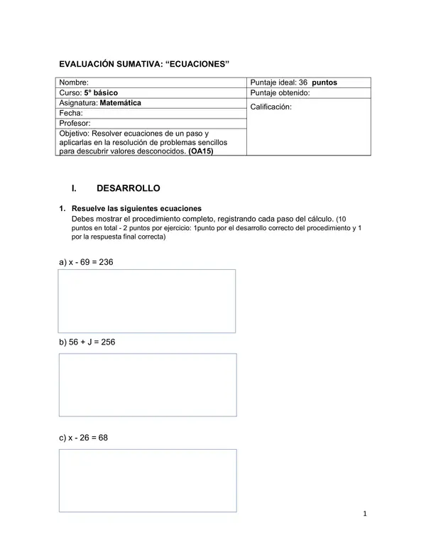 EVALUACIÓN ECUACIONES 5° BÁSICO