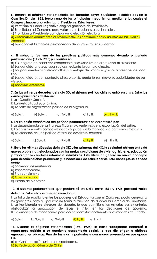Prueba Historia - Periodo parlamentario en Chile