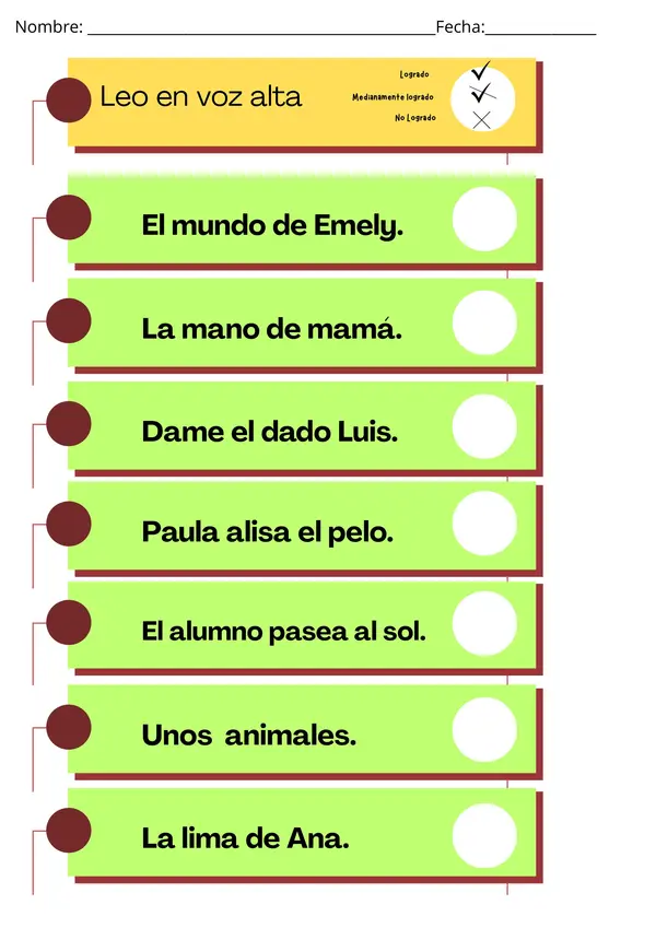 Control de lectura de oraciones en voz alta" Primero Básico  letras m,s,l,p,d y n