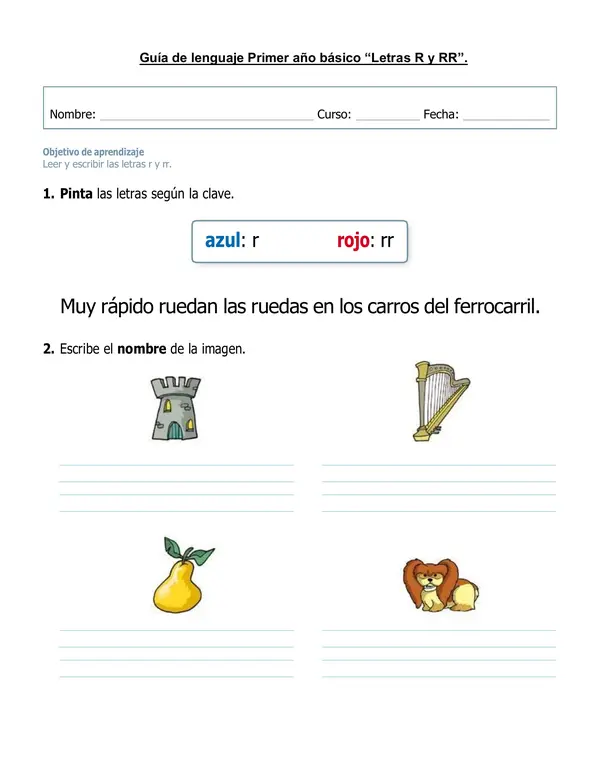 Guía de lenguaje "Letras r y rr" primer año básico.
