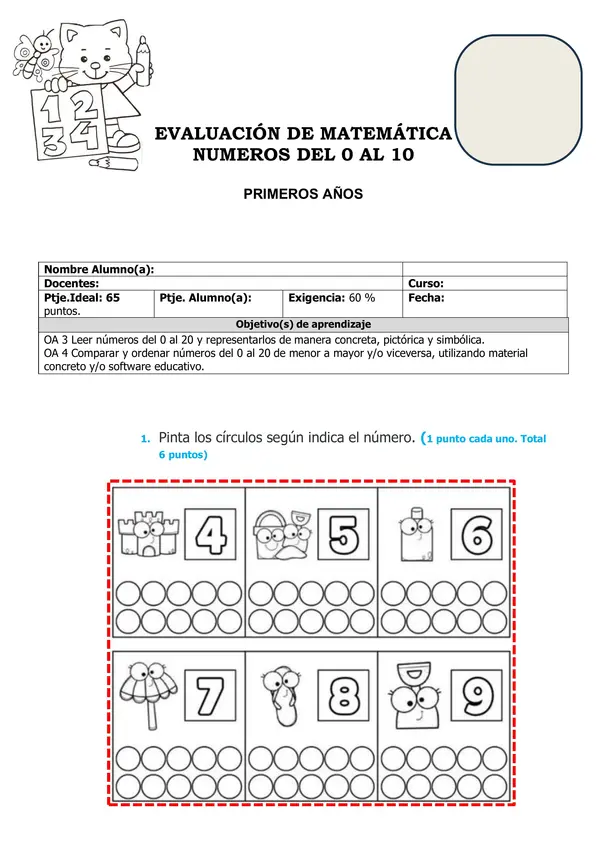 EVALUACIÓN DE MATEMÁTICA  NUMEROS DEL 0 AL 10  PRIMEROS AÑOS