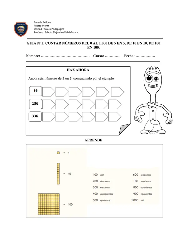 Contar números del 0 al 1000. De 5 en 5. De 10 en 10. De 100 en 100