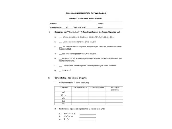 Evaluacion de Matematica 8 Basico N5: Ecuaciones e inecuaciones