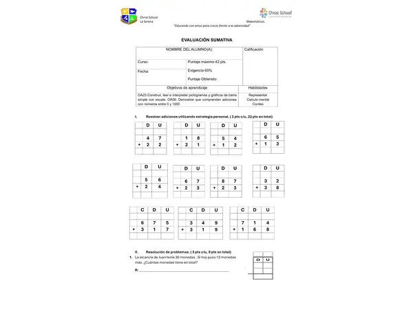 Evaluación sustracción y pictograma 3° Básico
