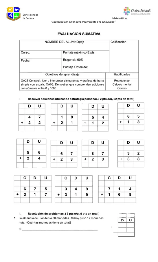 Evaluación sustracción y pictograma 3° Básico