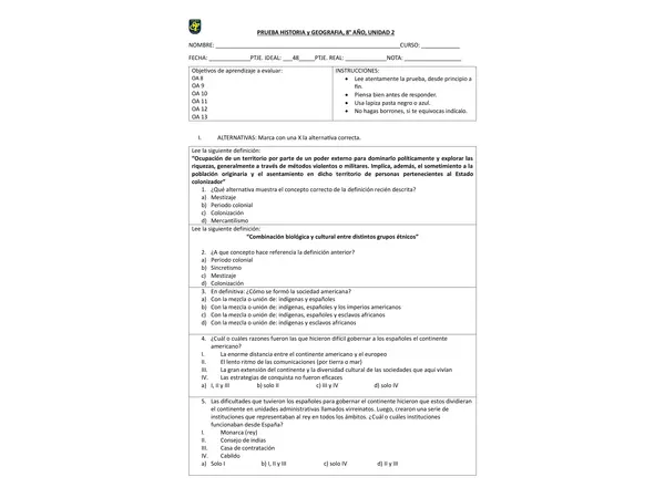 Prueba Unidad 2 Historia