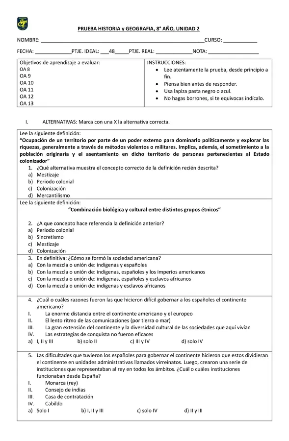 Prueba Unidad 2 Historia