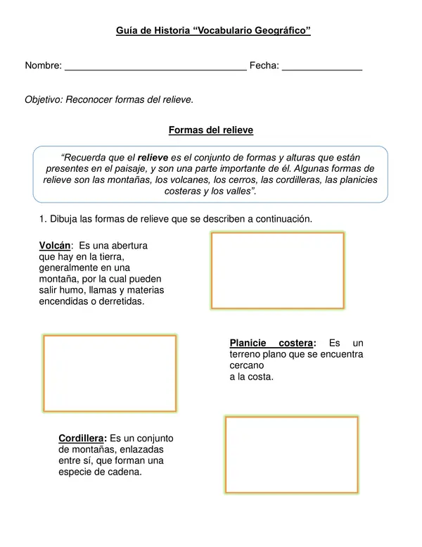 Guía " Formas de relieve: vocabulario geográfico" 2° año básico.