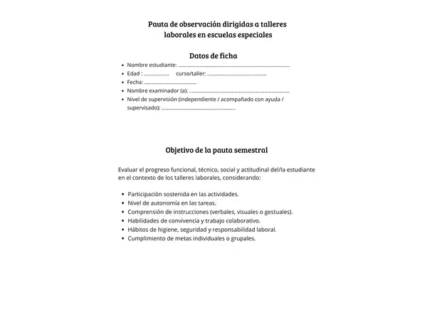 Pauta de observación semestral – Talleres Laborales