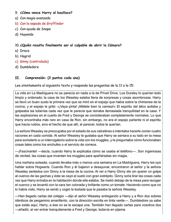 Evaluación "Harry Potter y la cámara secreta"