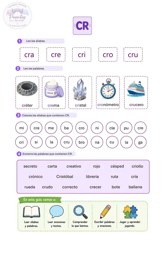 Guía de Grupos Consonánticos CL y CR | 1° Básico | Lectoescritura y Comprensión Lectora (PDF)