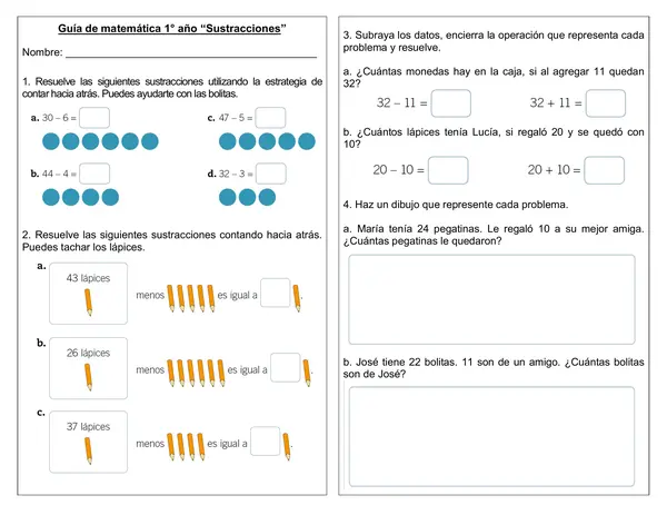 Guía de matemática 1° año "Sustracciones"