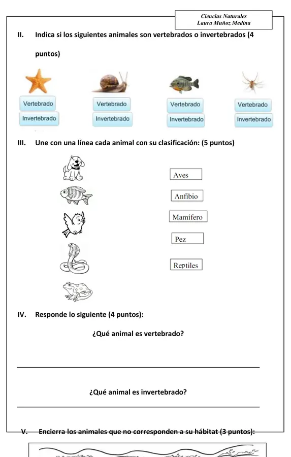 Evaluación de ciencias (vertebrados e invertebrados)