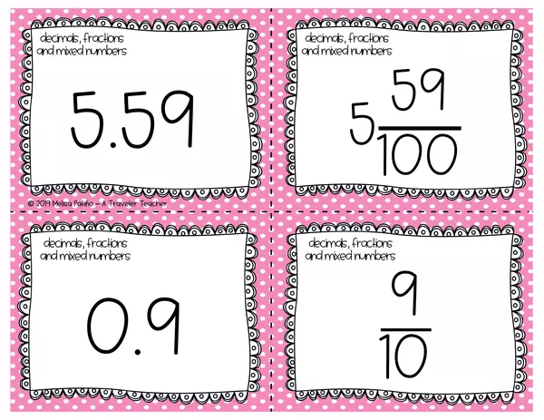 Relate Decimals Fractions and Mixed Numbers Memory Game