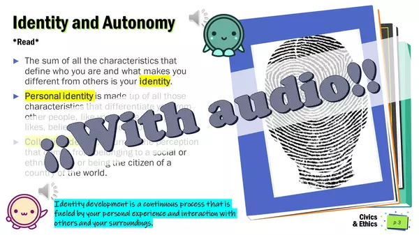 Civics and Ethics, 8º grade, Lesson PPT. Editable. "Identity and Autonomy".