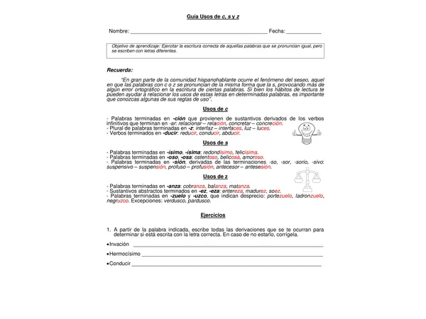 Guía "Uso de c, s y z" 5° año básico.