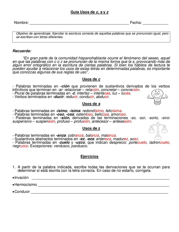 Guía "Uso de c, s y z" 5° año básico.