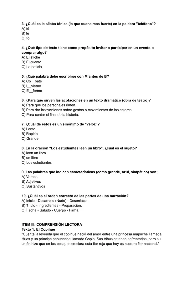 Evaluación diagnóstica Lenguaje y Comunicación Cuarto Básico
