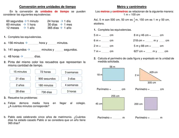 Guía síntesis "Conversión entre unidades de tiempo" "Metro y Centímetro" 4° básico.