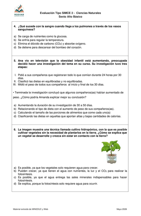 Ensayo Tipo SIMCE 6° Ciencias Naturales n° 2. 