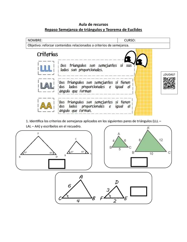 Guía de semejanza de triángulos y teorema de Euclides.