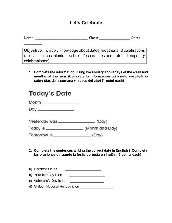 Worksheet- 4th grade Let's celebrate