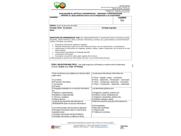 Prueba artículo informativo 5to básico.