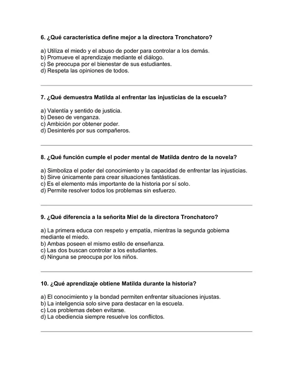 Prueba del libro "Matilda" (Roal Dahl) 5° básico
