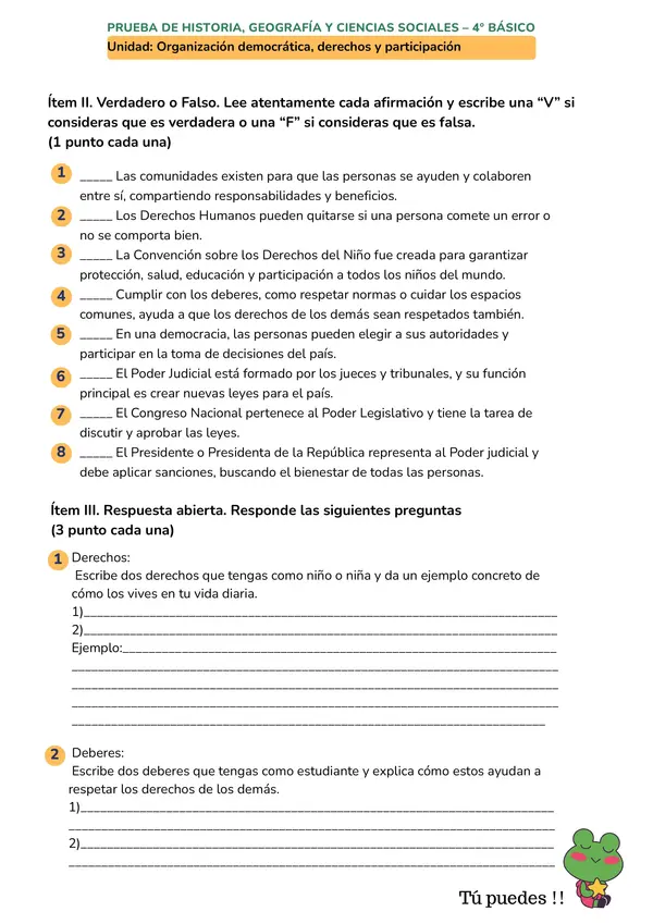 Prueba de Historia 4° Básico: Democracia, Derechos y Poderes del Estado