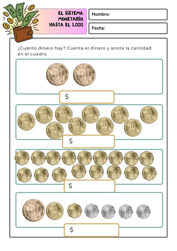 Actividad Sistema monetario hasta el 1.000 matemática