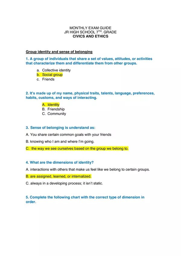 Civics and Ethics, 7º grade, Study Guide. "Group identity and sense of belonging".