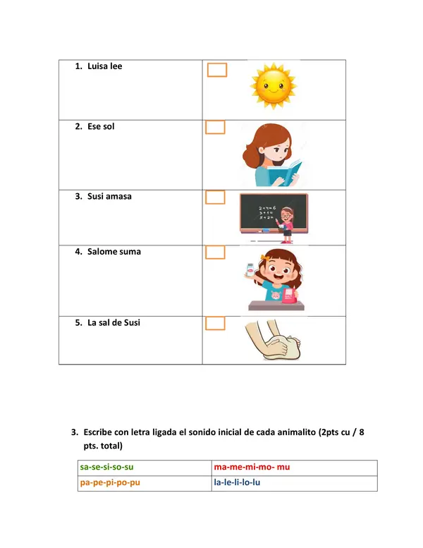 evaluación letra s y repaso de l,m y p